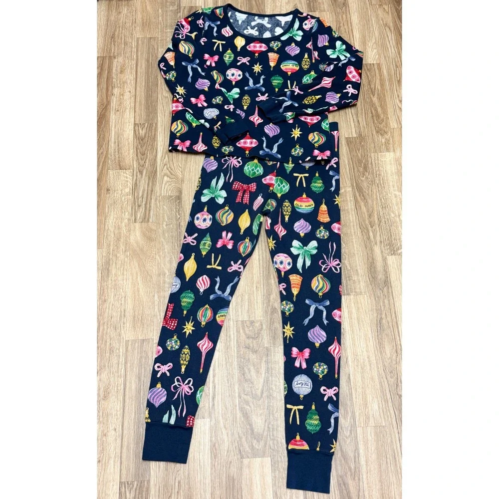 Old Navy Womens Thermal Pajama Set Navy Blue Christmas Ornaments Waffle Knit M